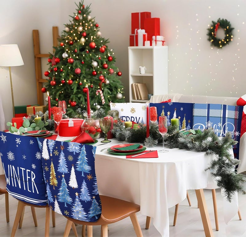 FuWeave 6 Pcs Christmas Chair Covers Christmas Chair Back Covers Xmas Chair Protector Slipcovers Washable Winter Dining Room Seat Covers for Home Hotel Kitchen Decorations (Blue Xmas Tree) - Image 5