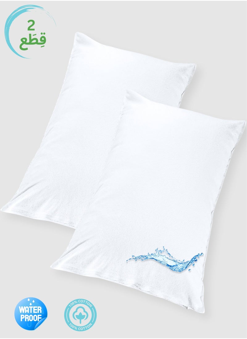 House One 2 Piece | Cotton Waterproof Pillow Protector 100% Soft Cotton Queen Size Pillows Case Cover 75x50 cm - White - Image 1