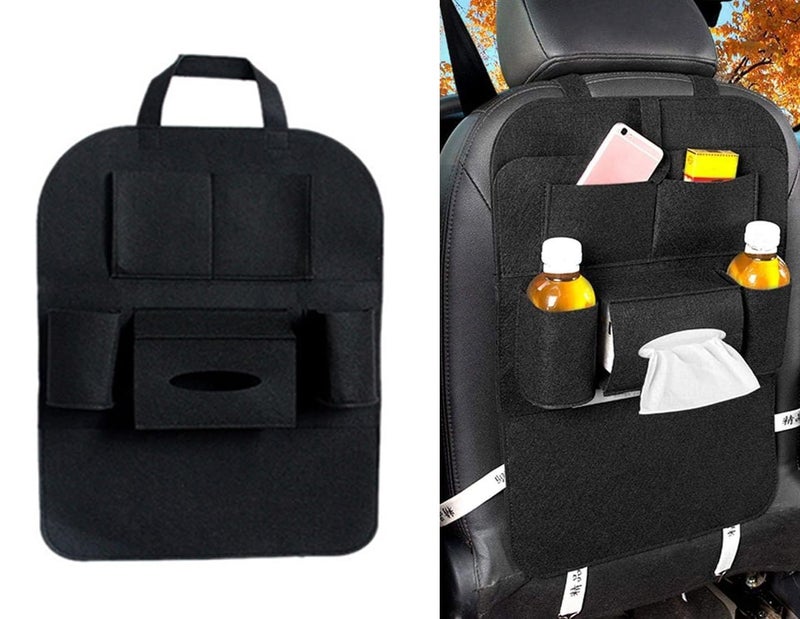 Car Seat Back Storage Bag, Multifunctional Holder Organizer, Travel Accessories Seat Organizer with Multiple Back Storage Pockets for Pens, Bottles, Tissue Box - 1 Piece - Black - By KaberMisr 2020 - Image 1