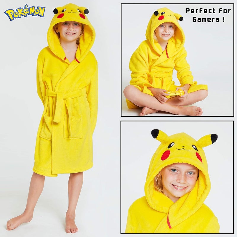 Pokémon Store روب فليس أولاد بوكيمون مع غطاء رأس وآذان بيكاتشو ثلاثية الأبعاد رداء استحمام للأطفال مع حزام وجيوب ملابس مريحة ناعمة هدايا للأولاد - Image 4