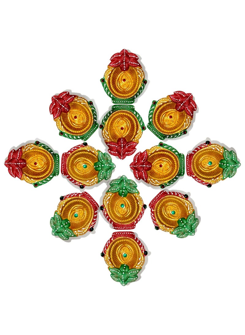 HOME GENIE Home Genie Handmade Clay Diyas for Diwali Hand Painted Mitti Lanterns Colourful Decoration Pack of 12  - Image 1