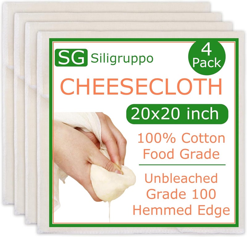 Siligruppo 4-Pack Hemmed Cheesecloths - 20"X20" Reusable Unbleached Cotton For Cheese Making, Nut Milk, Yogurt Straining & Crafts. Food-Grade, Pre-Cut With Reinforced Edges - Image 1