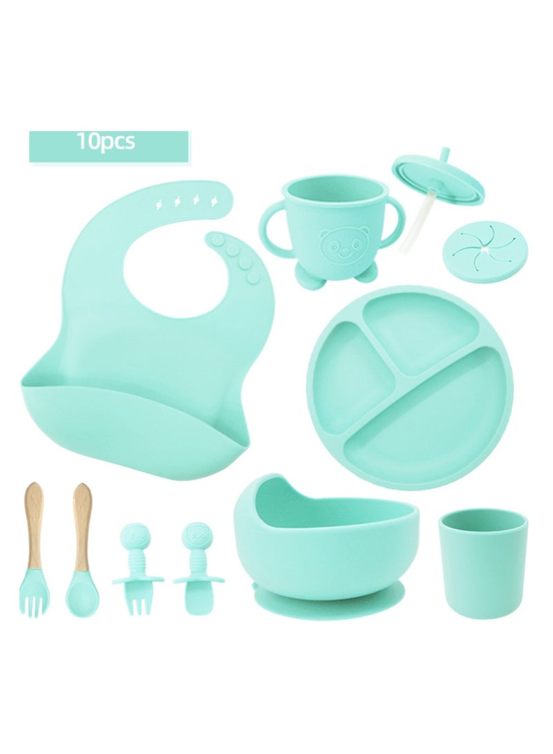 Premium Mint 10 Piece Weaning Feeding Supplies for Toddlers! Bib+Plate+Suction Silicone Baby Bowls! Self Eating Utensils Set with Spoons, Bibs, Plate, Toddlers Spoon Set! Set of 10! - Image 1