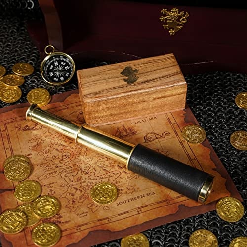 Mythrojan Brass Handheld Telescope 6"" Mini Spyglass with Wooden Box, Pirate Binocular, Spyglass Collapsible Monocular Decorative Cosplay Accessory for Travellers, Adventures - Image 2