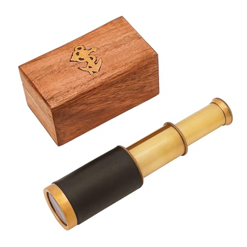 Mythrojan Brass Handheld Telescope 6"" Mini Spyglass with Wooden Box, Pirate Binocular, Spyglass Collapsible Monocular Decorative Cosplay Accessory for Travellers, Adventures - Image 1