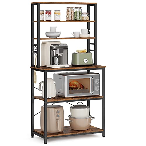 VASAGLE VASAGLE Coffee Bar 315 Inches Bakers Rack for Kitchen with Storage 6Tier Kitchen Shelves with 6 Hooks Microwave Stand Industrial Rustic Brown and Black UKKS019B01