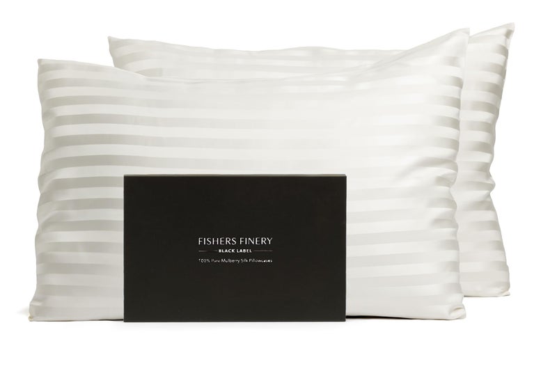 Fishers Finery Fishers Finery 30mm 100% Pure Mulberry Silk Pillowcase Set  Good Housekeeping Quality Tested (White Stripe  King  2 Pack)  - Image 1