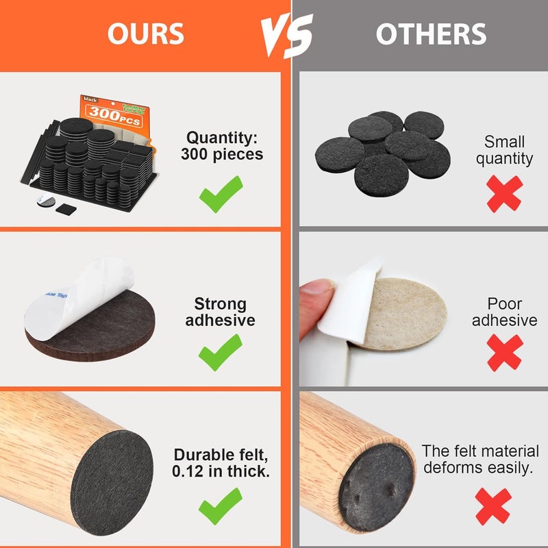 FURNIMATE Felt Furniture Pads 300 Pieces, Furniture Pads for Hardwood Floors, Felt Pads for Chair Legs Furniture, Floor Protectors for Furniture Black - Image 2
