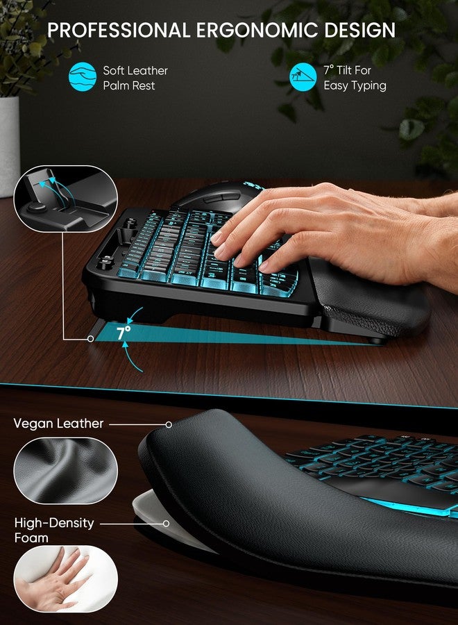 SABLUTE Wireless Keyboard and Mouse Combo - Ergonomic Wave Keyboard with Soft Leather Wrist Rest, Phone Holder, Rechargeable, RGB Backlit Mouse, Full-Size Cordless Set for Windows/Mac/Computer/Laptop - Image 2