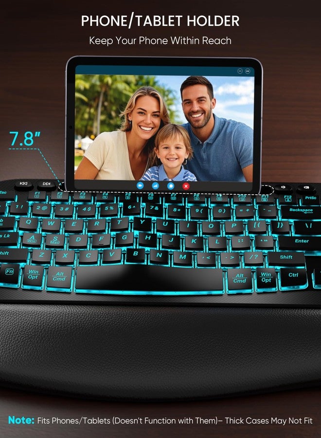 SABLUTE Wireless Keyboard and Mouse Combo - Ergonomic Wave Keyboard with Soft Leather Wrist Rest, Phone Holder, Rechargeable, RGB Backlit Mouse, Full-Size Cordless Set for Windows/Mac/Computer/Laptop - Image 4