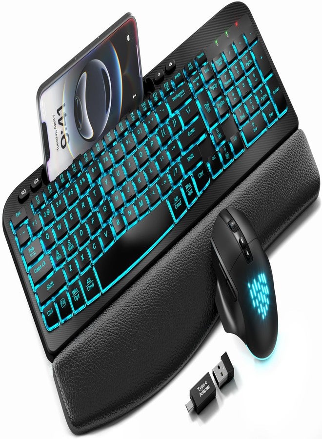 SABLUTE Wireless Keyboard and Mouse Combo - Ergonomic Wave Keyboard with Soft Leather Wrist Rest, Phone Holder, Rechargeable, RGB Backlit Mouse, Full-Size Cordless Set for Windows/Mac/Computer/Laptop - Image 1