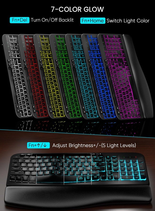 SABLUTE Wireless Keyboard and Mouse Combo - Ergonomic Wave Keyboard with Soft Leather Wrist Rest, Phone Holder, Rechargeable, RGB Backlit Mouse, Full-Size Cordless Set for Windows/Mac/Computer/Laptop - Image 3