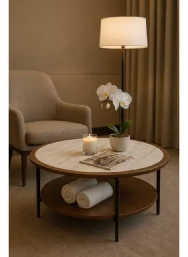 Crest J Luxury Round Coffee Table with Faux Marble Top and Functional Wooden Lower Shelf – Modern Two-Tier Living Room Center Table – 100 cm Diameter × 45 cm Height - Image 1