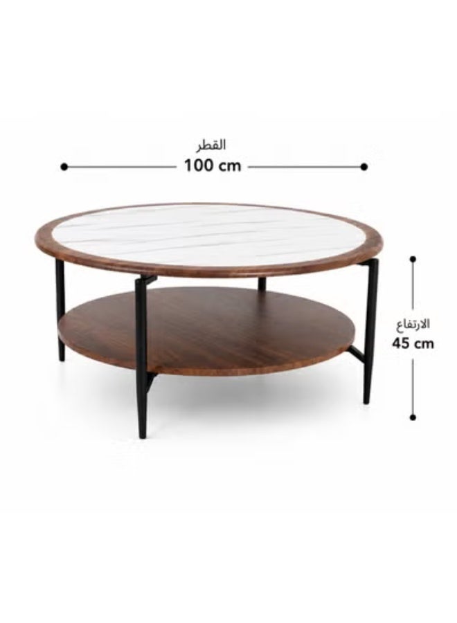 Crest J Luxury Round Coffee Table with Faux Marble Top and Functional Wooden Lower Shelf – Modern Two-Tier Living Room Center Table – 100 cm Diameter × 45 cm Height - Image 3