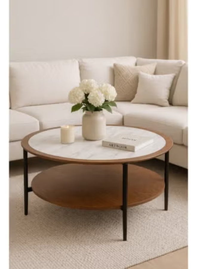 Crest J Luxury Round Coffee Table with Faux Marble Top and Functional Wooden Lower Shelf – Modern Two-Tier Living Room Center Table – 100 cm Diameter × 45 cm Height - Image 2