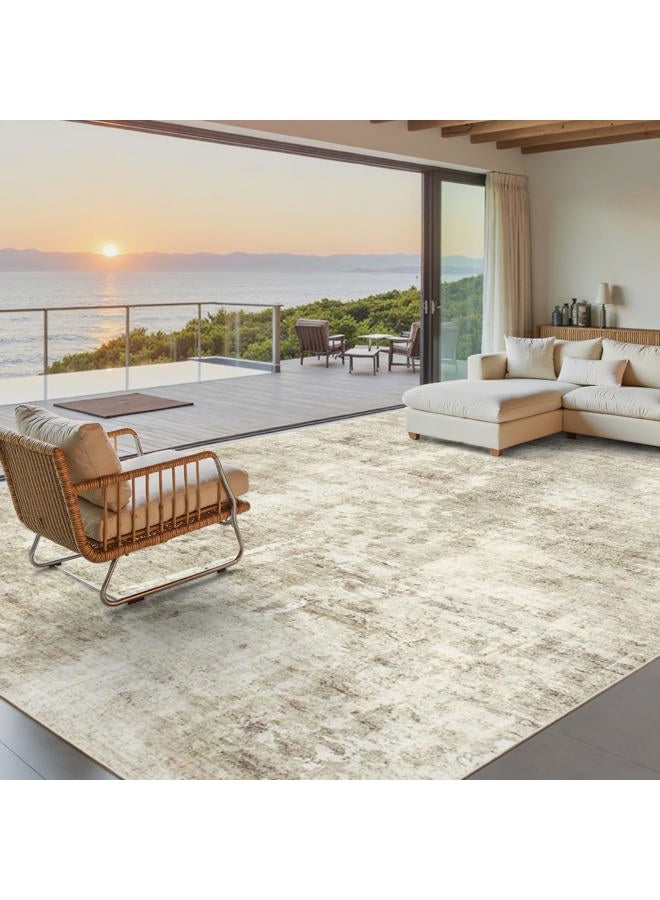 Soalmost 10x14 Area Rugs for Living Room, Non Slip Machine Washable Vintage Carpets, Low Pile Lightweight Large Rug for Bedroom, Dining Room, Home Office Beige Gray - Image 1