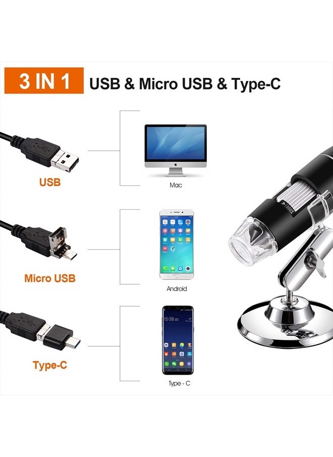Bysameyee USB Digital Microscope 40X to 1000X, 8 LED Magnification Endoscope Camera with Carrying Case & Metal Stand, Compatible for Android Windows 7 8 10 11 Linux Mac  - Image 2