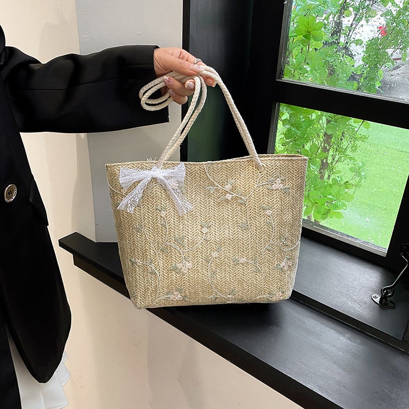 Arrival Silk Scarf Artistic Trend Korean Style Straw Lace Flower Shoulder Bag Handbag Large Capacity Bucket Bag - Image 3