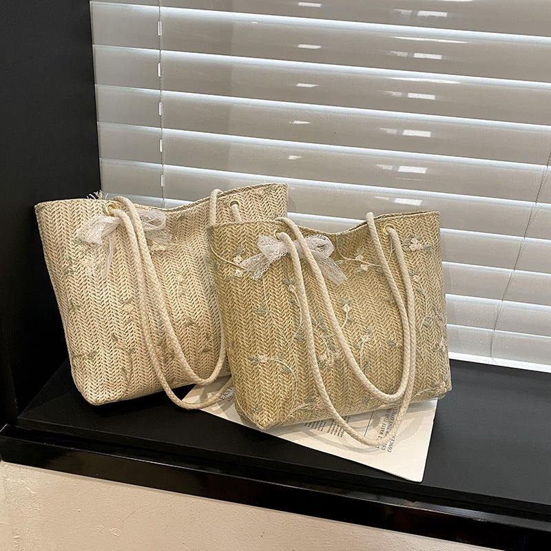 Arrival Silk Scarf Artistic Trend Korean Style Straw Lace Flower Shoulder Bag Handbag Large Capacity Bucket Bag - Image 5