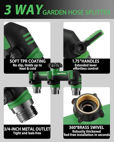 ZaakWang Garden Hose Splitter, 3 Way Hose Splitter, Heavy Duty Water Hose Bib Spigot Splitter, Outdoor Faucet Splitter with Shutoff Valve, T Adapter Connector with 3/4 - Inch GHT Thread (Green) - Image 3