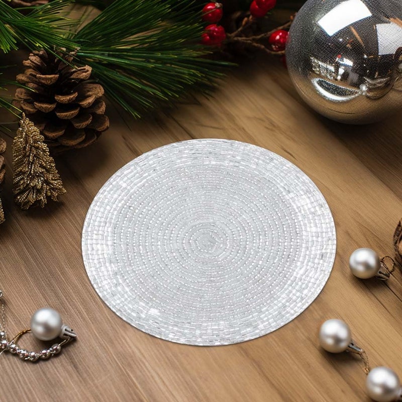COTTON CRAFT Glitz Handmade Beaded Bar Drink Tabletop Protection Coasters - Set of 8 - Halloween Harvest Autumn Fall Thanksgiving Holiday Christmas Xmas Celebration Festive Party - 4 in Round - Silver - Image 2