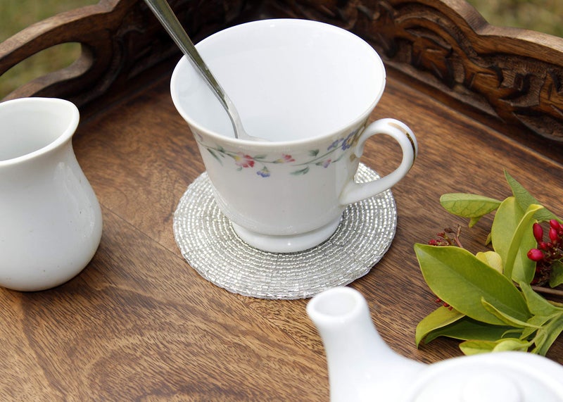 COTTON CRAFT Glitz Handmade Beaded Bar Drink Tabletop Protection Coasters - Set of 8 - Halloween Harvest Autumn Fall Thanksgiving Holiday Christmas Xmas Celebration Festive Party - 4 in Round - Silver - Image 4