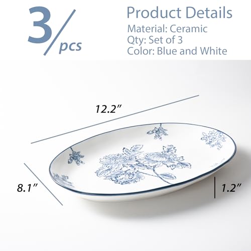 Magclay Ceramic Serving Platters, 12 Inch Large Serving Trays, Oval Plates for Dessert Appetizers Meat/Entertaining/Party, Blue and White, Set of 3 - Image 2