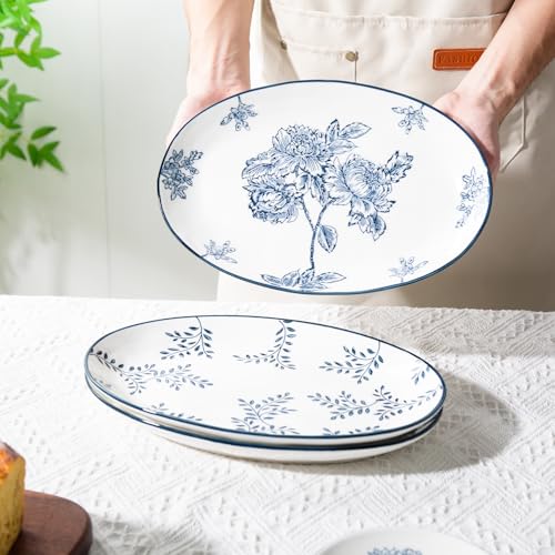 Magclay Ceramic Serving Platters, 12 Inch Large Serving Trays, Oval Plates for Dessert Appetizers Meat/Entertaining/Party, Blue and White, Set of 3 - Image 5