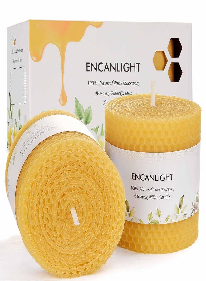 ENCANLIGHT 2 Pack Pure 3x3 inch Rolled Beewaxs Candle - 9 Hours Long Burning Honaycomb Candles, Dripless and Smokeless for Home Decor Party Wedding Dinner - Image 1