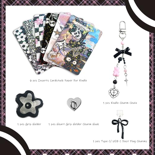 JINGSEN Cute Case Insert Cards Set for Kindle,6 Book-Themed Designs with Charms Set for Kindle and USB-C Dust Plugs,for 11th/12th Generation,6.8 x 4.8 inches(Black) - Image 2