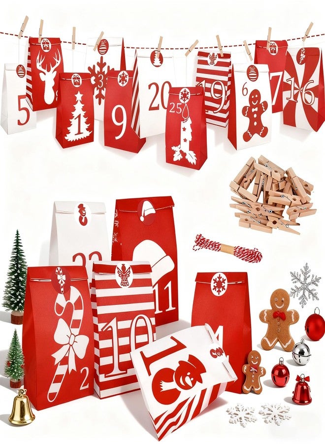وولاين مجموعة Whaline من 25 كيسًا لتقويم عيد الميلاد، تتضمن 25 يومًا للعد التنازلي، مع مشابك خشبية وملصقات، وأكياس ورقية مزينة برسومات شجرة عيد الميلاد الحمراء والبيضاء ورجل الثلج، مثالية لتوزيع الحلوى والهدايا في موسم الأعياد ورأس السنة. - Image 1