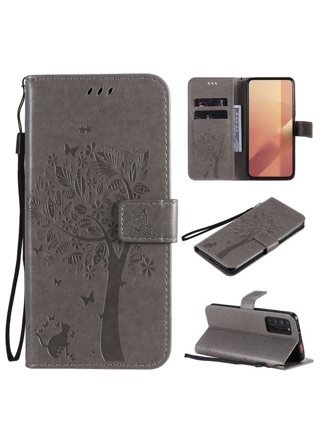Generic Case Cover For Huawei Honor X10 5G Tree & Cat Embossed Pattern Horizontal Flip Leather Case with Holder & Card Slots & Wallet & Lanyard Gray 