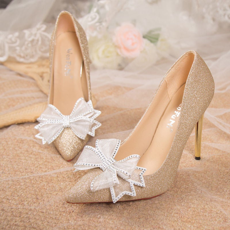 3545 أحذية كعب عالي مقاس كبير 44 كعب ستيليتو مثير 12 أحذية زفاف 43 أحذية زفاف مزينة بقوس كريستال فرنسي 42 - Image 1