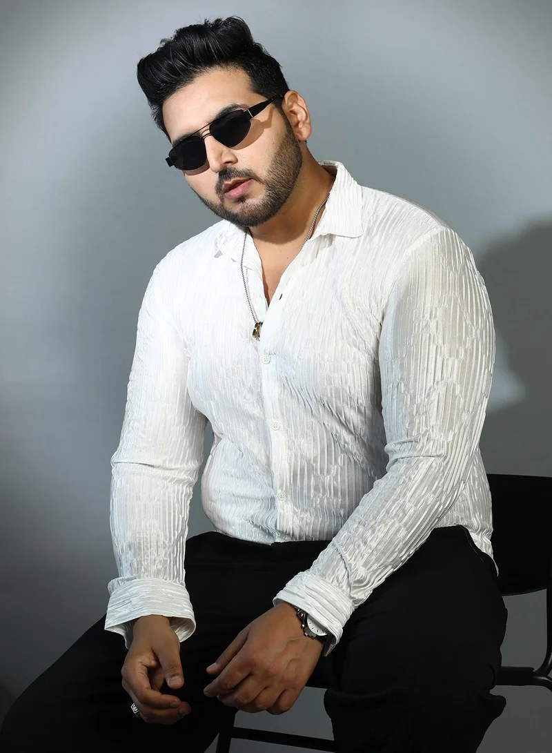 Instafab Plus Instafab Plus Men's Daisy White Shard-Pleated Shirt For Casual Wear | Spread Collar | Long Cuffed Sleeves | Button Closure | Plus Size Shirt Crafted With Comfort Fit For Everyday Wear