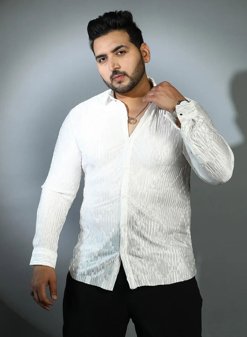Instafab Plus Instafab Plus Men's Daisy White Shard-Pleated Shirt For Casual Wear | Spread Collar | Long Cuffed Sleeves | Button Closure | Plus Size Shirt Crafted With Comfort Fit For Everyday Wear