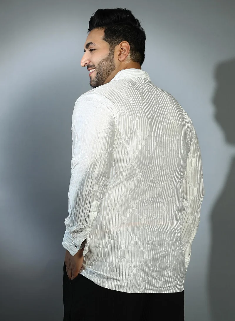 Instafab Plus  Instafab Plus Men's Daisy White Shard-Pleated Shirt For Casual Wear | Spread Collar | Long Cuffed Sleeves | Button Closure | Plus Size Shirt Crafted With Comfort Fit For Everyday Wear for Men | Best Price UAE