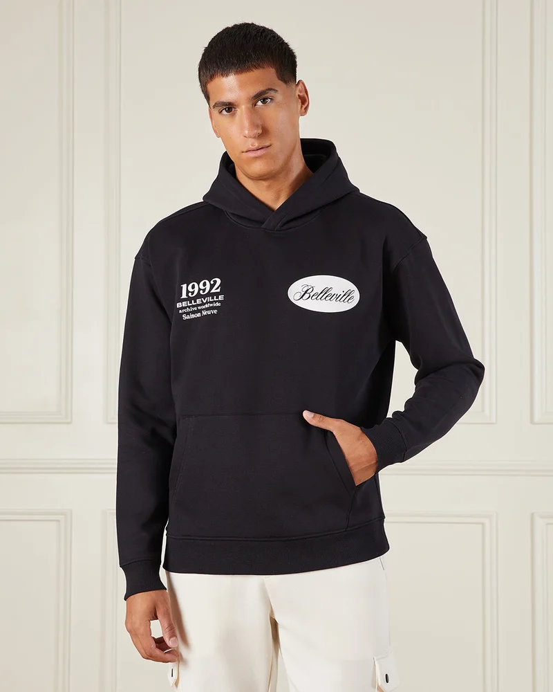 Redtag Men Black Front & Back Print Hooded Sweatshirt