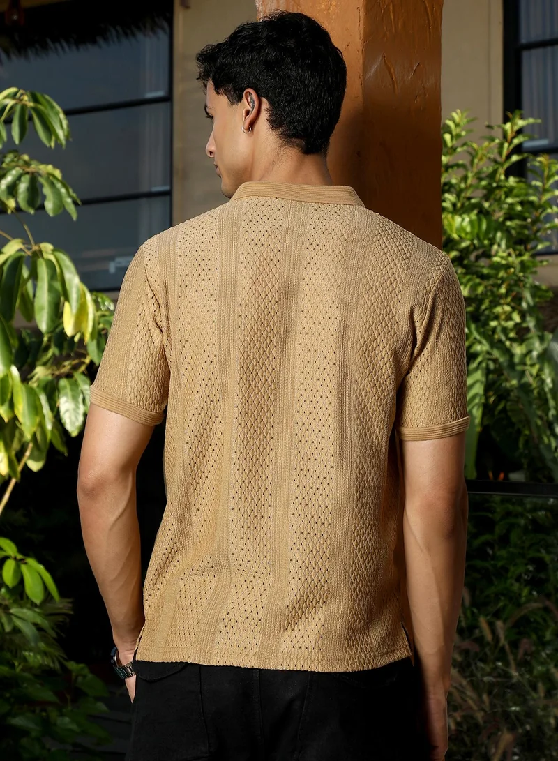 CAHOOT  Men's Sand Beige Marquise-Panel Jacquard Polo T-Shirt for Men | Best Price UAE