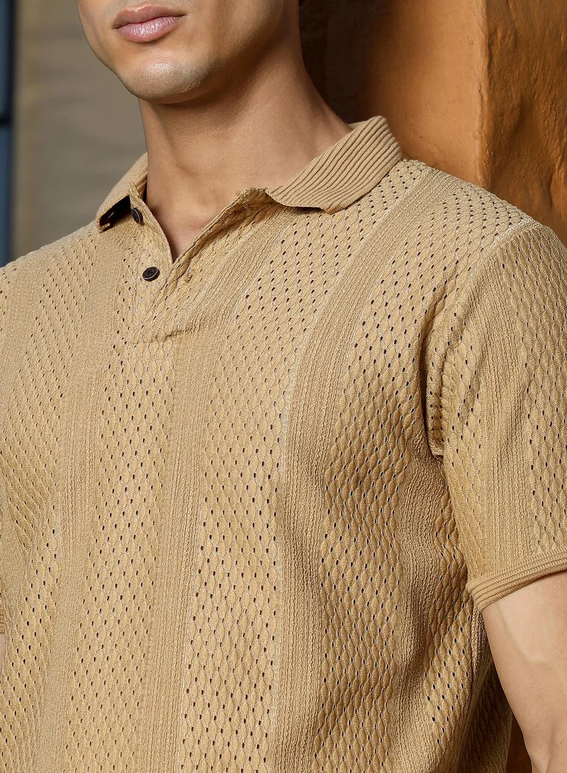 CAHOOT  Men's Sand Beige Marquise-Panel Jacquard Polo T-Shirt for Men | Best Price UAE