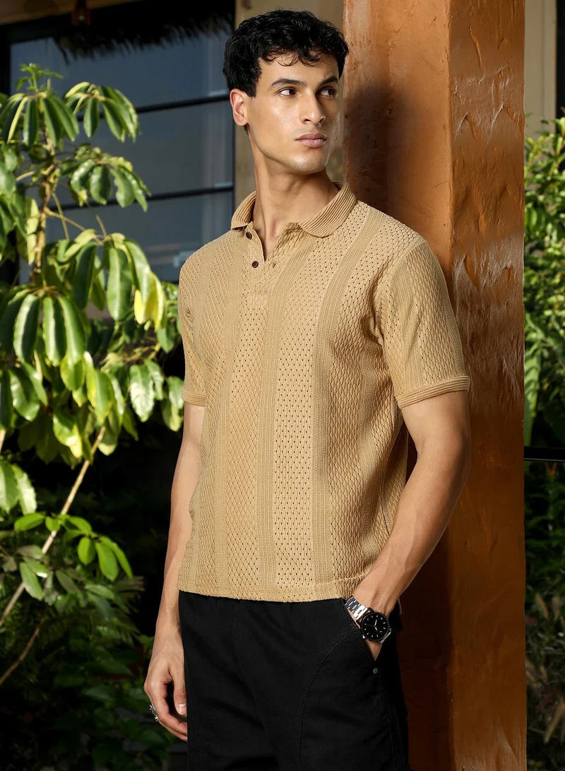 CAHOOT  Men's Sand Beige Marquise-Panel Jacquard Polo T-Shirt for Men | Best Price UAE