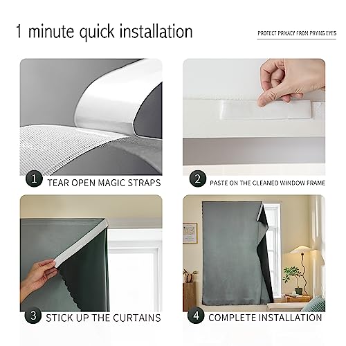 Jilron Magic Tape Stick on Portable Curtains for Windows,Bedroom Blackout Curtains for - Thermal Lnsulated No Drill Curtains Room Darkening Black Small Drapes(1 Panels,59Wx72L inch-Silver Gray) - Image 4