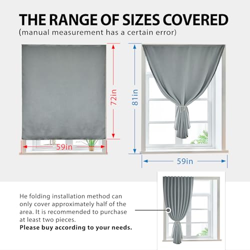 Jilron Magic Tape Stick on Portable Curtains for Windows,Bedroom Blackout Curtains for - Thermal Lnsulated No Drill Curtains Room Darkening Black Small Drapes(1 Panels,59Wx72L inch-Silver Gray) - Image 3