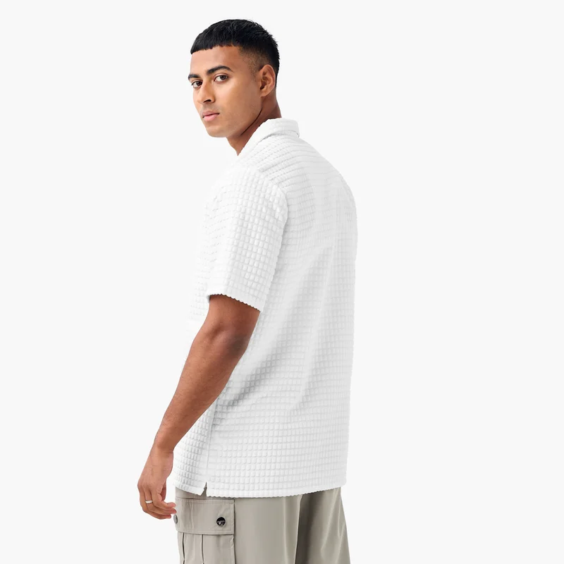 Splash FAV Regular Fit Dobby Textured Shirt with Camp Collar and Short Sleeves