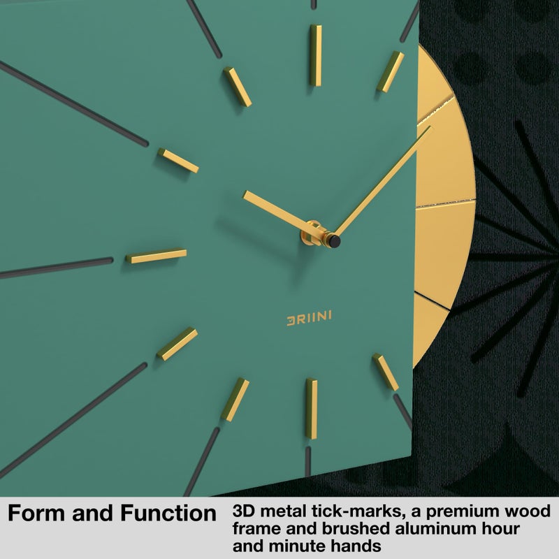 Driini Clocks Mid Century Modern Wall Clock - Square Green Clock with Decorative Gold Accent- Unique and Cool Clock, Battery Operated - MCM Decor & Decorative Wall Clock for Mid Century Modern Decor. - Image 2