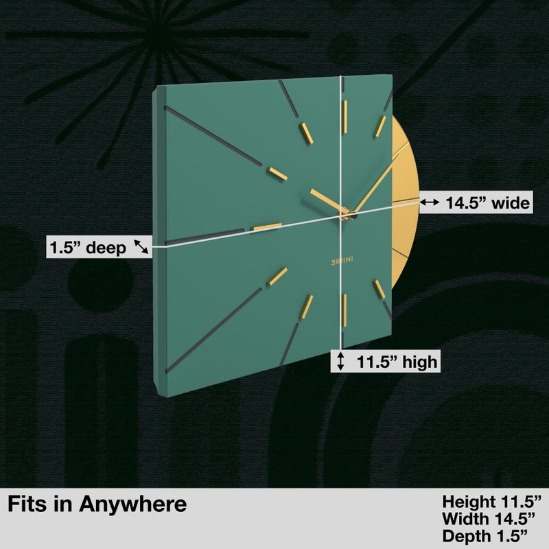 Driini Clocks Mid Century Modern Wall Clock - Square Green Clock with Decorative Gold Accent- Unique and Cool Clock, Battery Operated - MCM Decor & Decorative Wall Clock for Mid Century Modern Decor. - Image 3