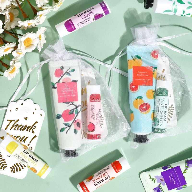 AZEN 24 Sets Bulk Gifts, Hand Cream and Lip Balm Bulk Set with Organza Bag Thank You Card, Baby Shower Wedding Gifts for Guests, Bridal Wedding Favors, Valentines Gift for Women - Image 4