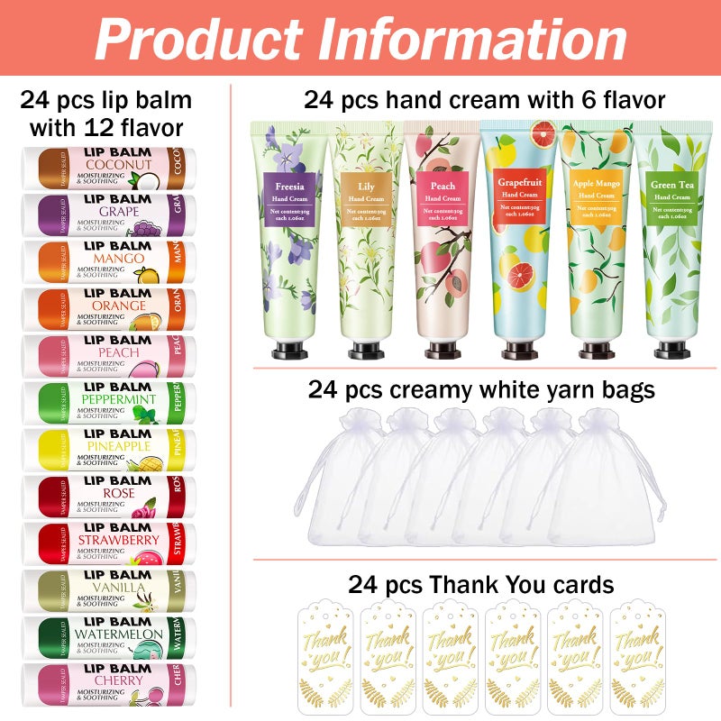 AZEN 24 Sets Bulk Gifts, Hand Cream and Lip Balm Bulk Set with Organza Bag Thank You Card, Baby Shower Wedding Gifts for Guests, Bridal Wedding Favors, Valentines Gift for Women - Image 2