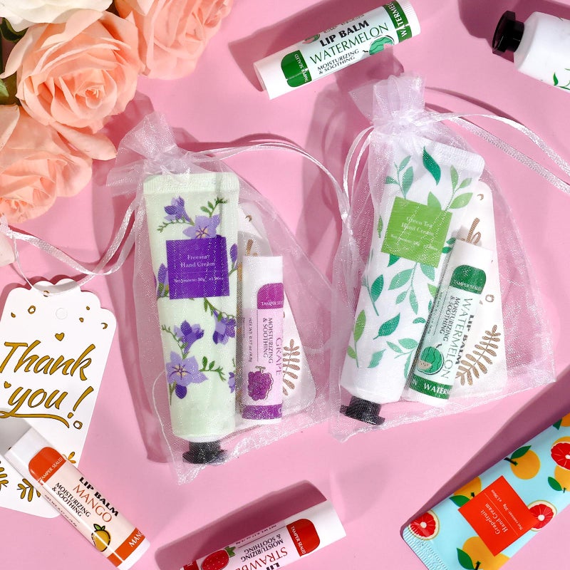 AZEN 24 Sets Bulk Gifts, Hand Cream and Lip Balm Bulk Set with Organza Bag Thank You Card, Baby Shower Wedding Gifts for Guests, Bridal Wedding Favors, Valentines Gift for Women - Image 5