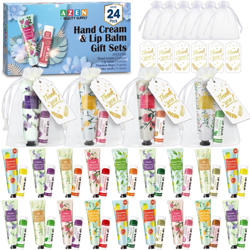 AZEN 24 Sets Bulk Gifts, Hand Cream and Lip Balm Bulk Set with Organza Bag Thank You Card, Baby Shower Wedding Gifts for Guests, Bridal Wedding Favors, Valentines Gift for Women - Image 1