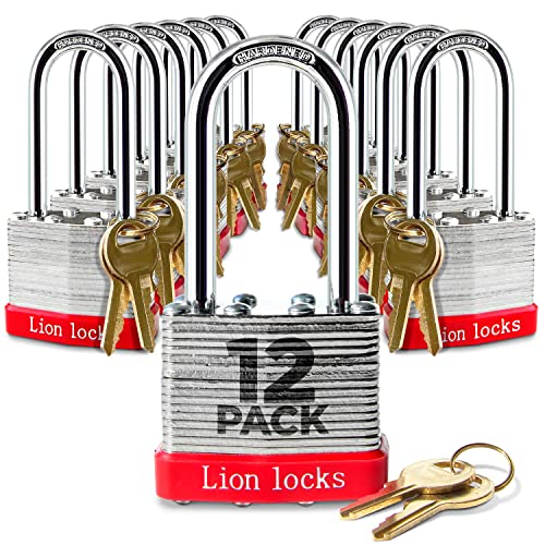 Lion Locks 12 Keyed Alike Padlocks with 2" Long Shackle, 24 Keys - Padlocks for Outdoor Use, Locks with Keys, Hardened Steel Case, Pick Resistant Brass Pin Cylinder for Hasp Latch, Locker, Gate - Image 1